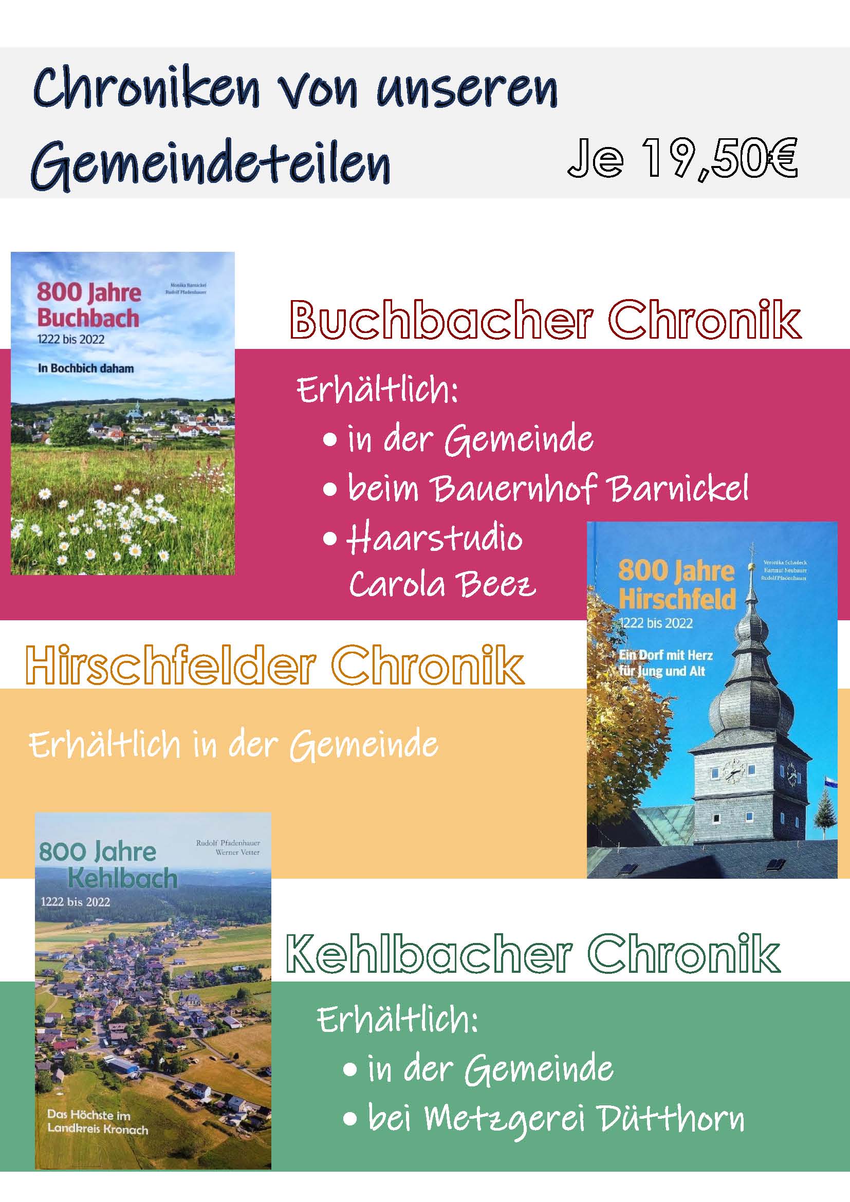Verkauf Dorfchroniken Buchbach, Hirschfeld und Kehlbach